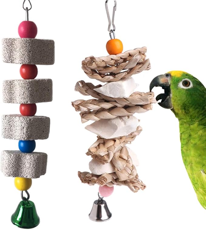 PINVNBY 2 Pack Parrot Toys Chewing Bird Toy Cuttlebone Beak Grinding Stone Cage Hanging Toys with Bell for African Greys Amazon Conure Eclectus Budgies Parakeet Cockatiel Hamster Chinchilla
