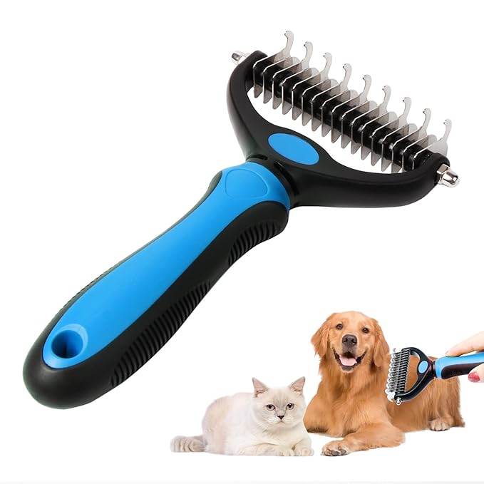 Dematting comb for Dogs, Cat deshedding Brush,Pet undercoat brushes, Dog Grooming Rakes for long haired Dogs-Double Sided Shedding,Dog brush for matted hair (Blue)