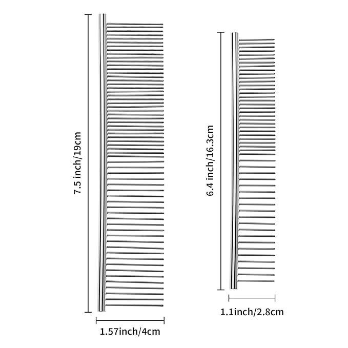 2PCS Dog and Cat Brush, Stainless Steel Pets Grooming Comb Kit, Detangler Deshedding Brush, Metal Knots Hair Remover 6.4" 7.5"
