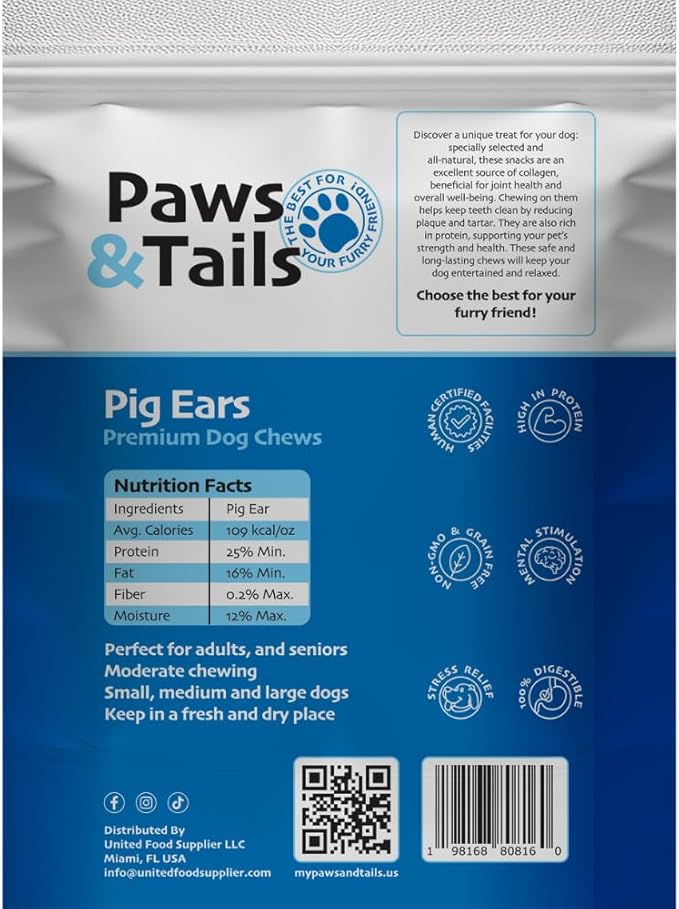 PAWS&TAILS Premium All-Natural Pig Ears for Dogs - Joint Health Support, Thick-Cut - High-Protein, Low-Fat Treats for Dental Hygiene - No Additives or Preservatives. (12, Natural Whole Pig Ears)