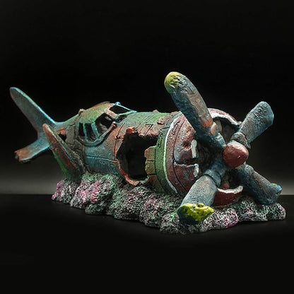 Fish Tank Decoration Fighter Vintage Airplane Ruins Submarine Landscape Fish Shrimp Shelter Cave Hideout Resin Aquarium Decor Turtle Tank Decoration