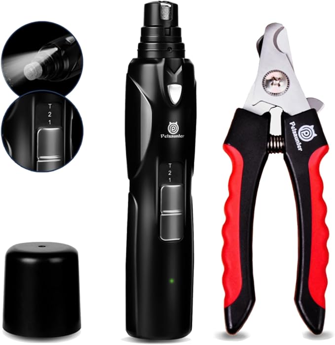 Dog Nail Grinder, Dog Nail Trimmers and Clippers Kit, 2-Speed and LED Light, Powerful Touch-Switch, Quiet and Low-Vibration Pet Nail Trimmers for Large Dogs, Medium, Small Dogs Cats Pets