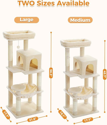Cat Tree for Large Cats Adult with Metal Plush Big Hammock, 56.3" Cat Tower with 2 Door Condo House, 6-Tier Cat Shelves with Scratching Posts and Large Top Perch, Beige