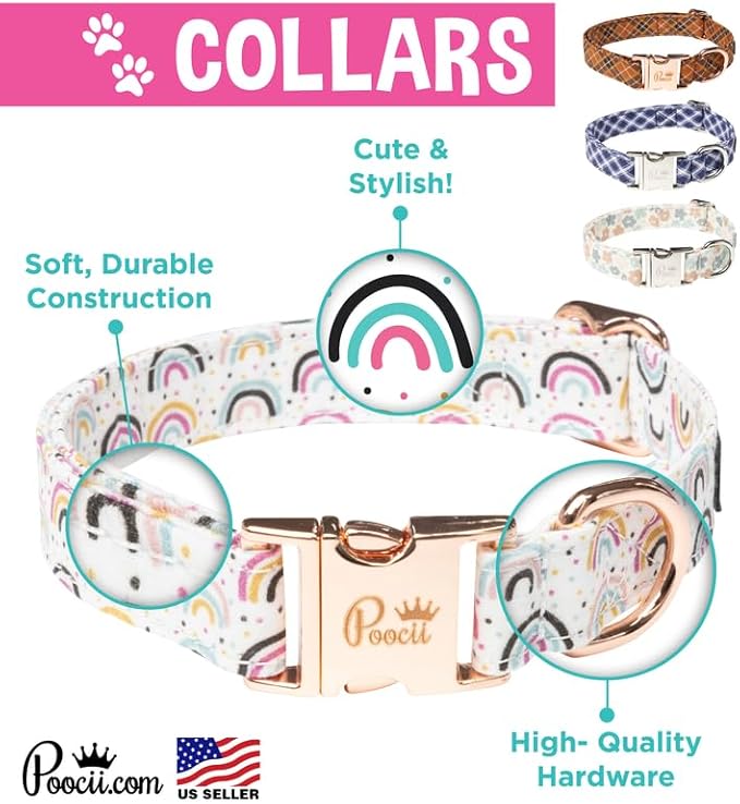 Durable Cotton Blend Dog Collar, Cute & Stylish, Adjustable with Metal Locking Clasp, Made in USA (Happy Rainbows, Medium)