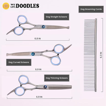 Dog Grooming Scissors Kit with Rounded Blunt Tips - Straight, Curved & Thinning Shears - Best Tools for Goldendoodles, Poodles & Doodles - Professional Grade Steel, 4 Pc Set [We Love Doodles]
