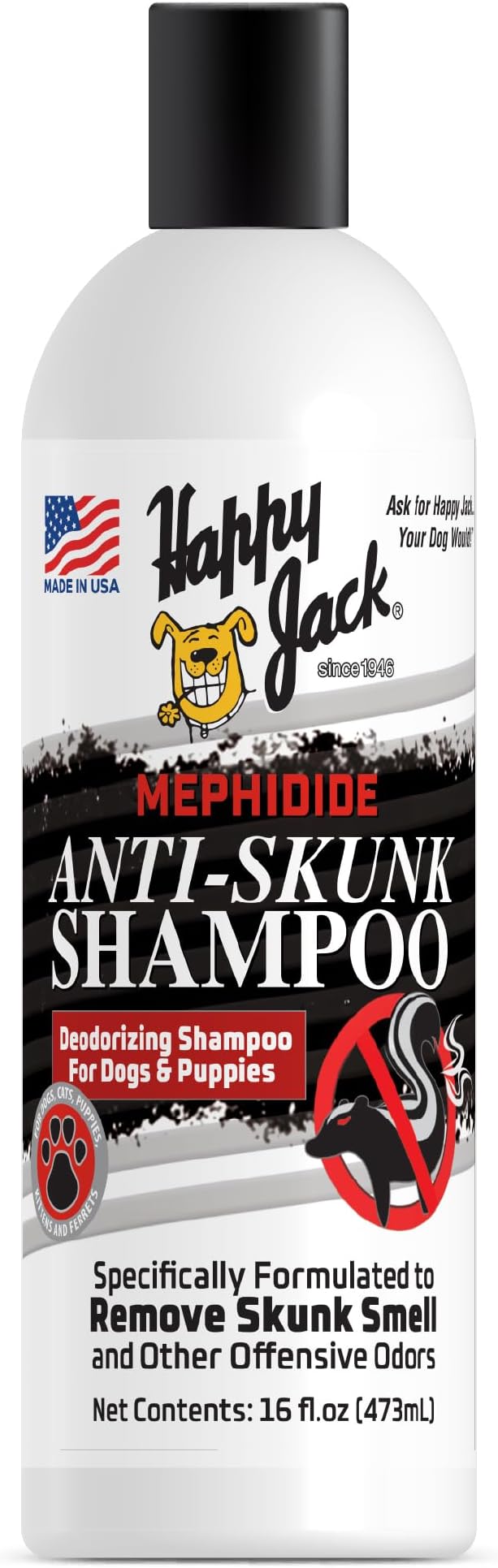 HAPPY JACK Mephidide Anti Skunk Shampoo for Dogs, Cats, Pets  Hypoallergenic Skunk Odor Remover for Dogs  Deodorizing Dog Shampoo (16oz)