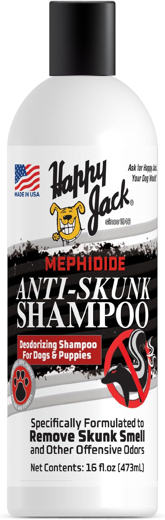 HAPPY JACK Mephidide Anti Skunk Shampoo for Dogs, Cats, Pets  Hypoallergenic Skunk Odor Remover for Dogs  Deodorizing Dog Shampoo (16oz)