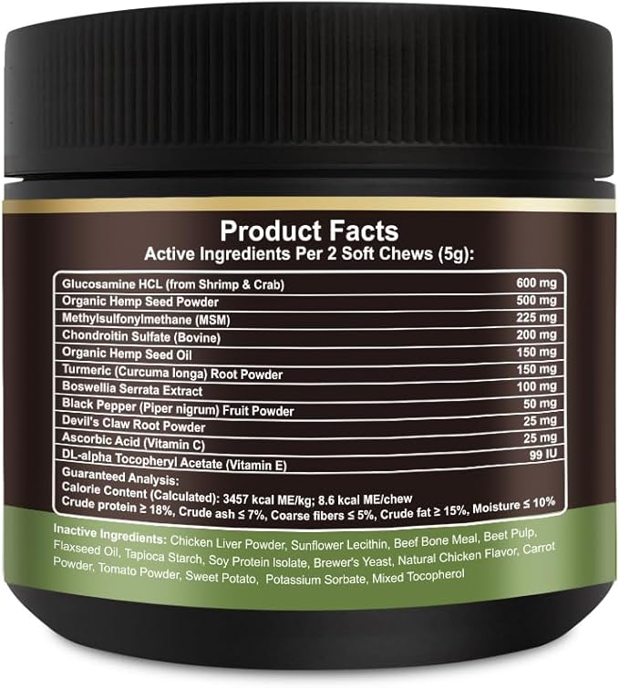 Noble Beast Dog Joint Supplement - Hip and Joint Care for Dogs - All Natural - Soft Chews with Glucosamine, Chondroitin, MSM & Hemp for Dog Joint Relief - Chicken Flavor  120 Count