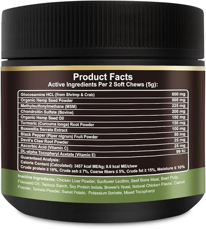 Noble Beast Dog Joint Supplement - Hip and Joint Care for Dogs - All Natural - Soft Chews with Glucosamine, Chondroitin, MSM & Hemp for Dog Joint Relief - Chicken Flavor  120 Count