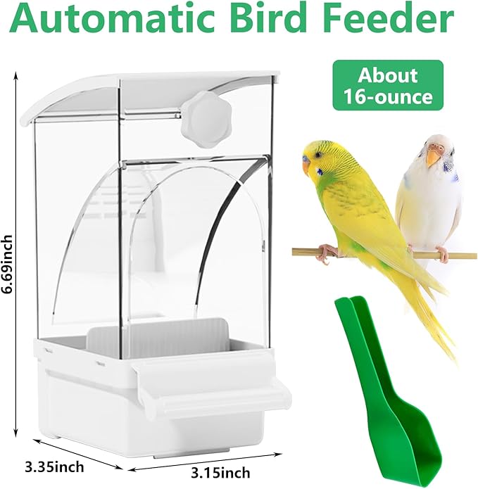 Hamiledyi Automatic Bird Feeder No Mess Bird Cage Feeder Transparent Acrylic Parrot Seed Food Container with Perch Cage Accessories for Parakeet Finch Lovebirds Budgies Canary (White)
