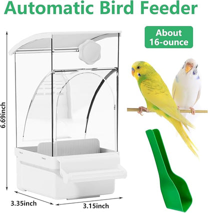 Hamiledyi Automatic Bird Feeder No Mess Bird Cage Feeder Transparent Acrylic Parrot Seed Food Container with Perch Cage Accessories for Parakeet Finch Lovebirds Budgies Canary (White)