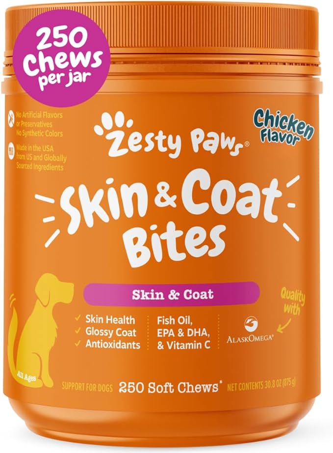 Zesty Paws Omega 3 Fish Oil for Dogs - Zesty Paw Dog Vitamins and Supplements for Hip, Joint & Skin, Chicken (250 Chews)