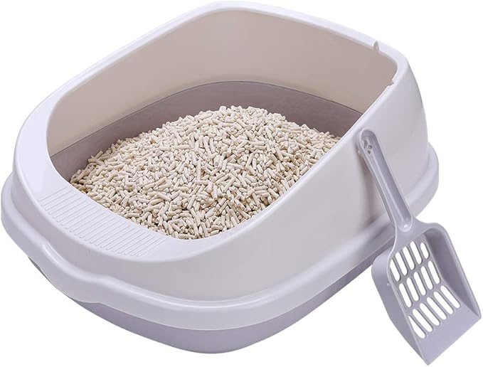 Cat Open Top Litter Box with Lid, Litter Mat, Poop Lifter Scoop & Kitten Kitty Stainless Steel Feeding Dish Bowl, Starter Kit 4 Pack for Small cat Within 5 Months (Grey-One Entry)