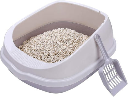 Cat Open Top Litter Box with Lid, Litter Mat, Poop Lifter Scoop & Kitten Kitty Stainless Steel Feeding Dish Bowl, Starter Kit 4 Pack for Small cat Within 5 Months (Grey-One Entry)