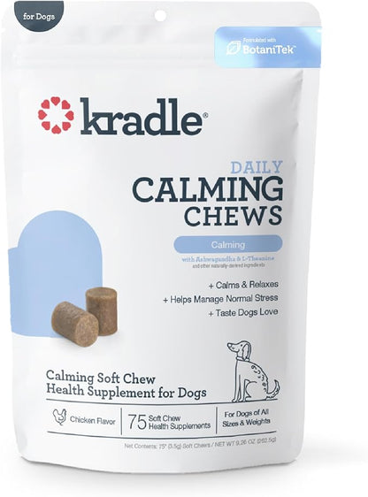Kradle Calming Chews for Dogs - Anxiety and Stress Support - L-Theanine Ashwagandha GABA - Calming Supplement for Relaxation and Stress - Chicken Flavor- 75 Chews
