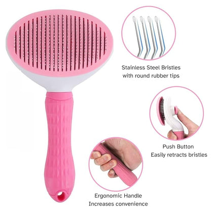 Self-Cleaning Brush for Dogs and Cats, Grooming Brushes for Long Short Haired Dogs Cats, Comb Sensitive Skin, Pets Deshedding Brush, Pink and White - [TaiQiang]