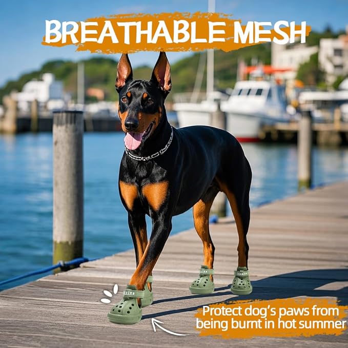JZXOIVA Dog Shoes for Hot Pavement, Dog Booties for Large Dogs, Breathable Dog Boots & Paw Protectors, Adjustable Non-Slip Dog Rain Booties, Waterproof Pets Sandals for Beach Green Size 9