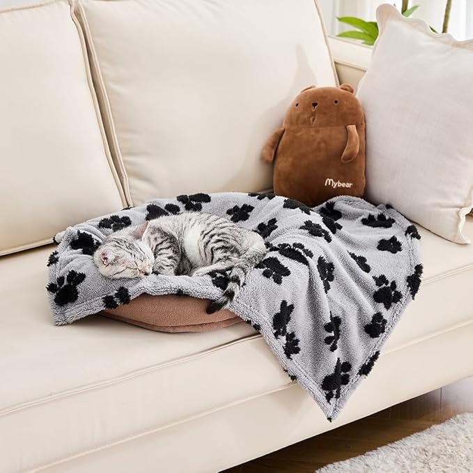 Qeils Jacquard Dog Blankets for Large Dogs, Cozy Calming Cat Blankets Washable, 280GSM Coral Fleece Plush Fluffy Throw Blanket, Black Paws, 30x40IN