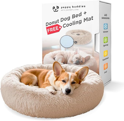 Medium Donut Dog Bed, Calming Dog Bed Washable Ideal for Small to Large Dogs and Cats & Round Dog Bed,Anti-Anxiety Multiple Sizes (Beige, Combo Large (37.5" L x 37.5" W x 8.5" Th))