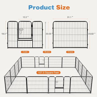 Dog Playpen, 16 Panel 24 Height Puppy Fence Exercise Pen for Yard Gate, Indoor Outdoor Heavy Duty Anti-Rust Metal Playpens with Doors Portable for RV Camping - Small/Medium/Large Pets