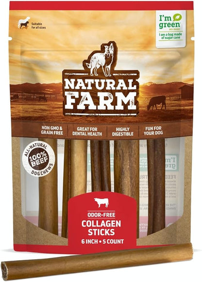 Natural Farm Collagen Sticks 6-Inch Dog Chews - Odor-Free, 95% Natural Collagen Supports Healthy Joints, Skin & Coat - Small, Medium Dogs  Lasts 20% More (6 inch, 5 Pack)