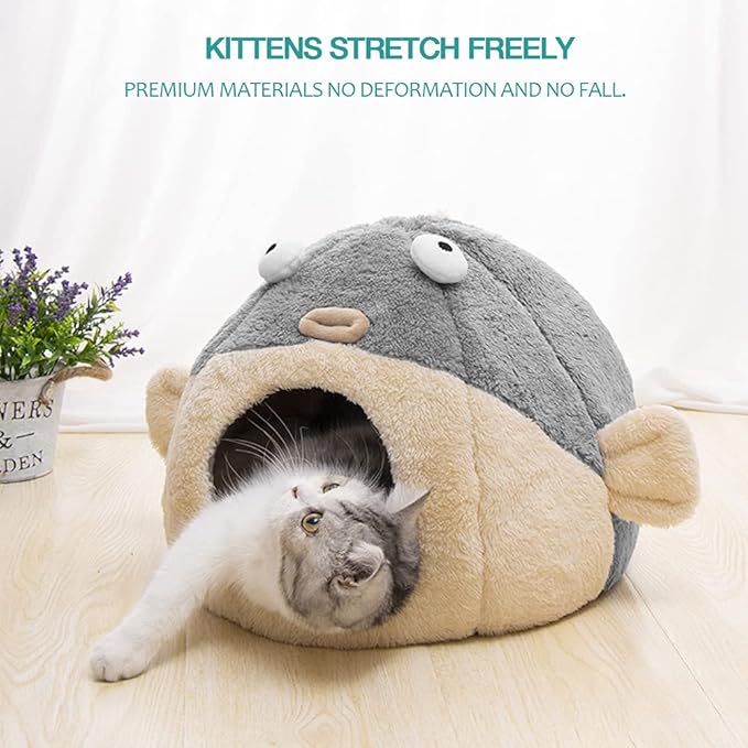 Cat Beds for Indoor Cats - Cat Bed Cave with Removable Washable Cushioned Pillow,2 in 1 Super Soft cat Tent for Kitten and Small Cats, Lively Pufferfish Animal-Shape & Furniture, Grey Multiple Sizes