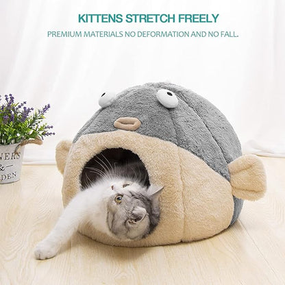 Cat Beds for Indoor Cats - Cat Bed Cave with Removable Washable Cushioned Pillow, Soft Plush Premium Cotton No Deformation Pet Bed, Lively Pufferfish cat House Design, Grey, Multiple Sizes