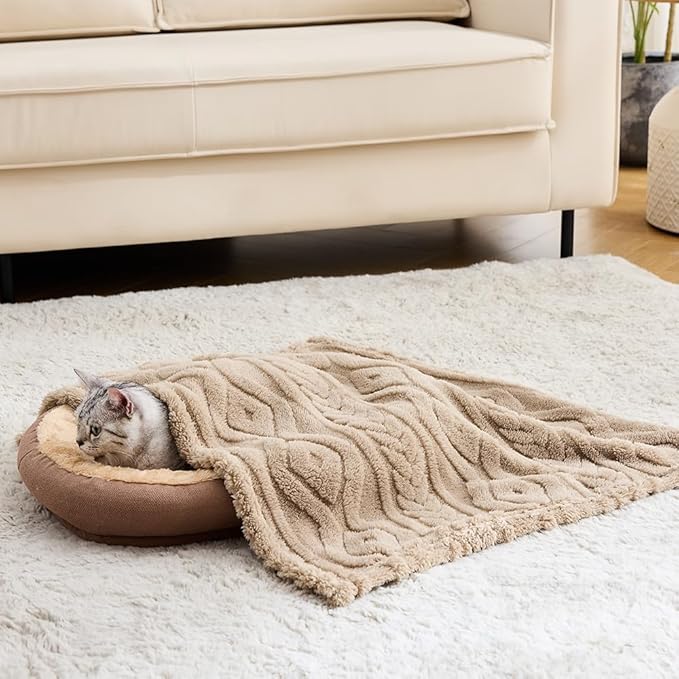 Qeils Jacquard Dog Blankets for Small Dogs, Cozy Calming Blanket for Indoor Cats, 280GSM Coral Fleece Plush Fluffy Throw Blanket, Taupe Boho, 25x30IN