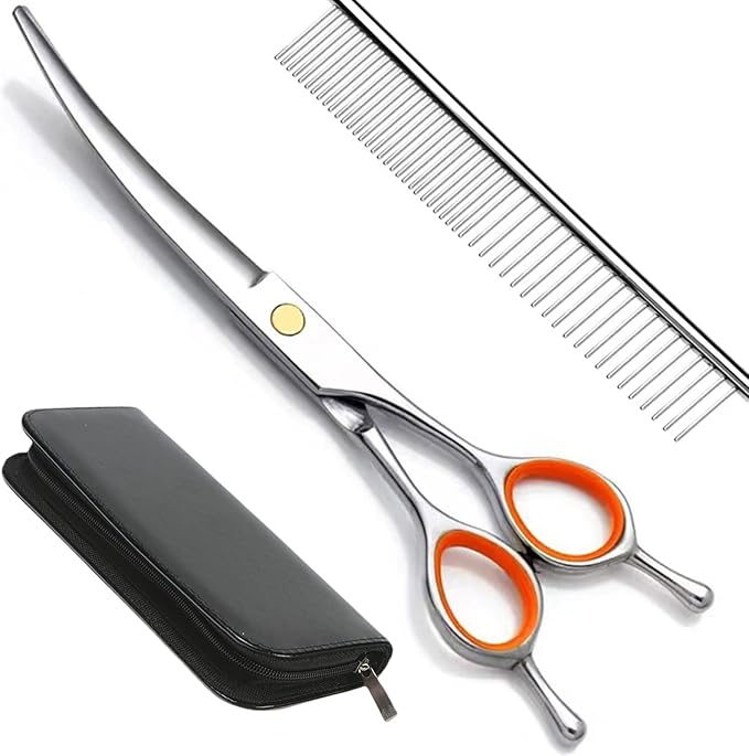 AIRY 7.5" Dog Grooming Kit Professional Dog Grooming Scissors Set Including Comb and Curved Scissors for Dog Grooming, Cat Dogs Grooming Shears for Right and Left Handers Trimming