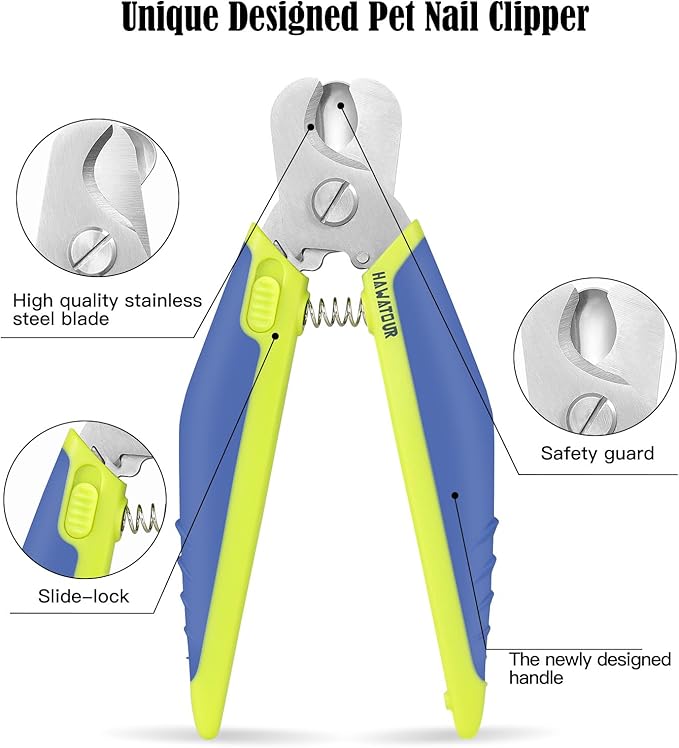 Dog Nail Clippers with Nail File, Professional Pet Nail Trimmers with Safety Guard, Avoid Over Cutting, Grooming Razor for Medium and Large Dog and Cat, Blue Yellow