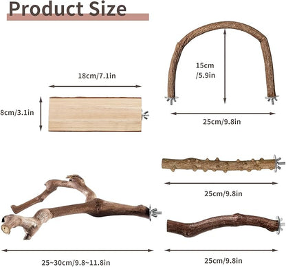 Bird Perches, 5pcs Natural Wood Birds Stand Branch, Bird Perch Chewing Stick Cage Accessories Parrot Climbing Standing Branches Paw Grinding Fork Sets for Cockatiels Ringneck Parrots