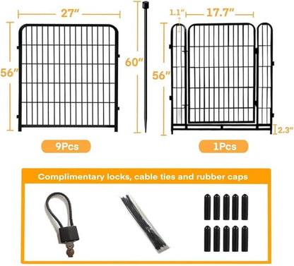56in(H) Garden Fence, 10 Panels Total 22.1 Ft(L), Garden Fence with Low Threshold Gate, Anti Dig Fence Barrier, Fencing for Garden Beds, Black Metal Decorative Garden Fencing