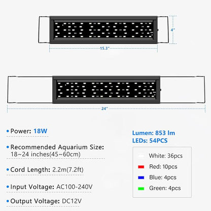 AQQA Full Spectrum Aquarium Light,Fish Tank Lights for Plant Growth Fish Viewing,3 Mode White Blue Red Green LED Beads,Timer,Adjustable Brightness,Extendable Brackets for Freshwater 18W for 18-24inch