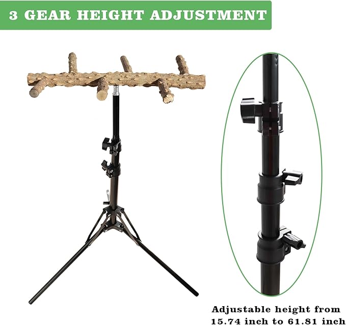 Wooden Bird Perch Stand with a Height Adjustable Tripod, Bird Training Accessories for Indoor or Outdoor, Birds Stand for African Grey, Budgies, Cockatiels, Lovebirds, Conures, Small to Medium Birds