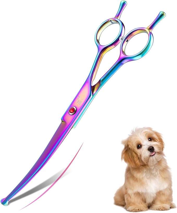 7" Curved Dog Grooming Scissors with Safe Round Tip, Rainbow Pet Fur Scissors, Japanese Stainless Steel 440C, Sharp and Sturdy Grooming Shears for Novice and Professional Groomers
