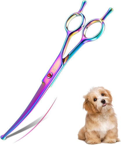 7" Curved Dog Grooming Scissors with Safe Round Tip, Rainbow Pet Fur Scissors, Japanese Stainless Steel 440C, Sharp and Sturdy Grooming Shears for Novice and Professional Groomers