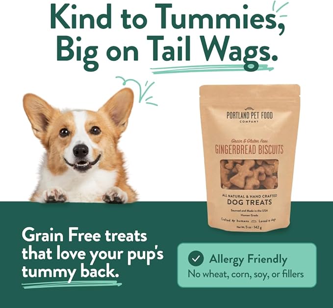 Portland Pet Food Company Gingerbread Dog Treats Healthy Biscuits for Small Medium & Large Dogs - Grain-Free, Human-Grade All Natural Cookies, Snacks & Puppy Training Treats - Made in The USA - 5 oz