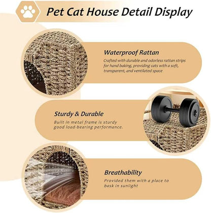 Cat Houses for Indoor Cats, Handwoven Natural Seagrass Cat Cave Pet Cube,Foldable Pet Cat House, Cat Beds with Double-Sided Mat, Hideaway, in Living Room Bedroom