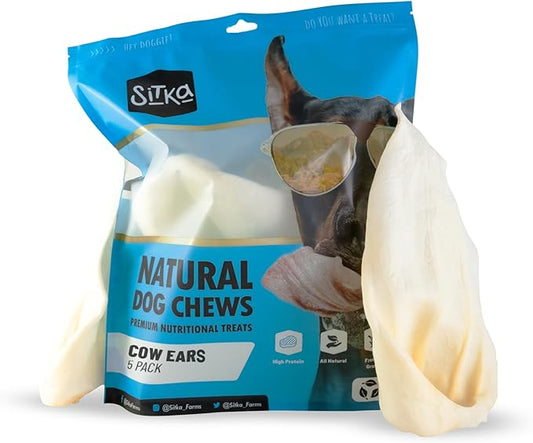 Sitka Farms Whole Cow Ears for Dogs 5 Count - Premium Rawhide Free Dog Chews - Beef Natural Dog Treats for Smal, Medium and Large Dogs - Long Lasting - Rich Protein for Your Pet