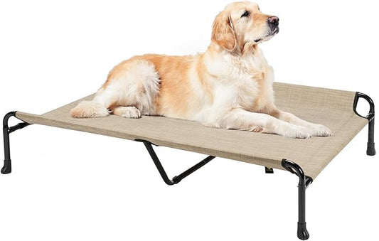 Veehoo Cooling Elevated Dog Bed, Raised Dog Beds for Large Dogs, Outdoor Dog Bed with Guardrail, Upgraded Non-Slip Feet, Breathable Teslin Mesh, Portable Camping Dog Cot, 53 x 33 Inches, Beige Coffee