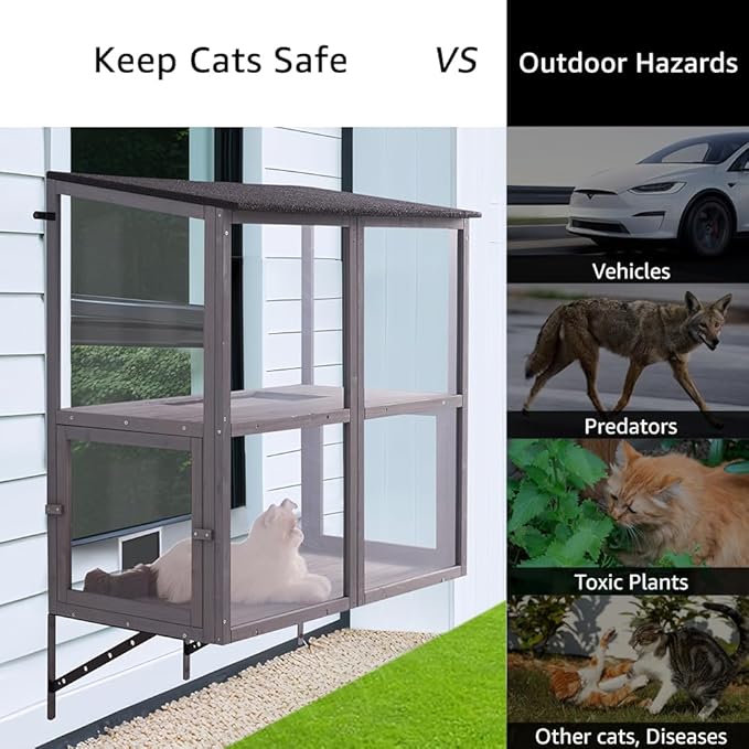 beeNbkks Prevent Conditioned Air Loss, 2 Tiers Bug Proof Cat Catio, Window Cat House with Clear Acrylic, Outdoor Enclosure for Indoor Pets, Expandable Wooden Perch, Safe Comfortable Haven for Pets