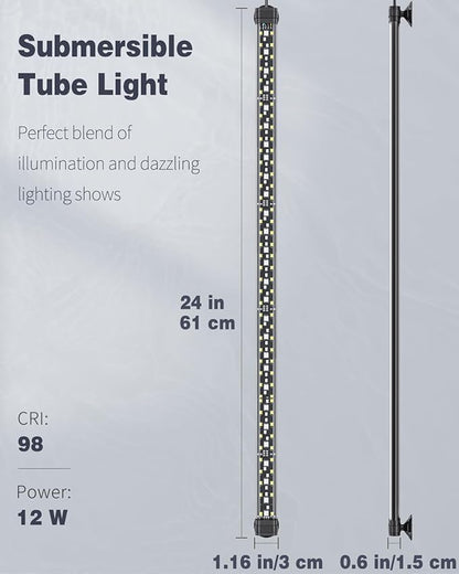 Pawfly 12W Aquarium LED Light 24 Inch 24/7 Fish Tank Light with Full Spectrum White Blue Red Green Lights Multi-Colored LEDs with D/N Mode Single Color Effects Timer and Adjustable Brightness