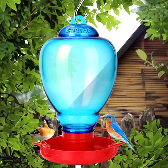 Colorful Glass Wild Bird Waterer 32 Oz Bird Water Feeder for Outdoors Garden Outside Water Cooler Tree Yard Decoration (Blue Flower)