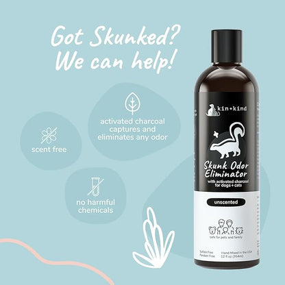 kin+kind Skunk Shampoo for Dogs & Cats - Activated Charcoal Odor Eliminator(12 fl oz) - Safe for Dogs and Cats, Removes Skunk Scent - Natural Blend with Coconut and Olive Oil - Unscented - Made in USA