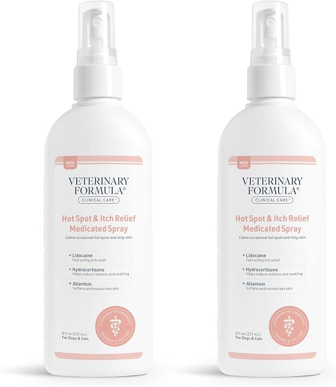 Veterinary Formula Clinical Care Hot Spot & Itch Relief Medicated Spray, 8oz  Easy to Use Spray for Dogs & Cats  Helps Alleviate Sensitive Skin, Scratching, and Licking of Coat (2 Pack)
