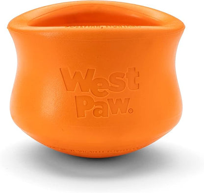 West Paw Zogoflex Toppl Treat Dispensing Dog Toy Puzzle  Interactive Chew Toys for Dogs  Dog Toy for Moderate Chewers, Fetch, Catch  Holds Kibble, Treats, Large 4", Tangerine