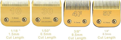 5F/4F/30/10 Detachable Pet Dog Grooming Clipper Carbon Steel Sharp,Compatible with Andis,Oster A5,Wahl KM Series Clippers,Cut Lengt 3/8"(9.5mm) 1/8"(3.2mm) 1/16"(1.5mm) 1/50" (0.5mm) 4 Pack