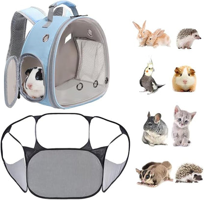 2-Pack Guinea Pig Carrier Backpack and Playpen Set - Breathable Pet Playpen Pop Open Outdoor/Indoor Exercise Fence, Portable Small Animal Backpack for Bearded Dragon, Rabbits, Hamster, Chinchillas