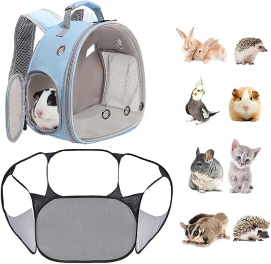 2-Pack Guinea Pig Carrier Backpack and Playpen Set - Breathable Pet Playpen Pop Open Outdoor/Indoor Exercise Fence, Portable Small Animal Backpack for Bearded Dragon, Rabbits, Hamster, Chinchillas