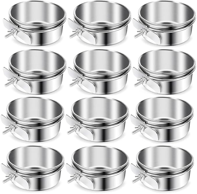 12 Pcs Stainless Steel Bird Food Bowls, 10 oz Bird Water Bowls with Clamp Holders, Parrot Cage Coop Feeders for Cockatiel Conure Budgie Parakeet Macaw (12PC-10oz Stainless Steel Bowl)